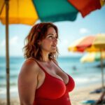 Kurvige Frau im roten Badeanzug am Strand