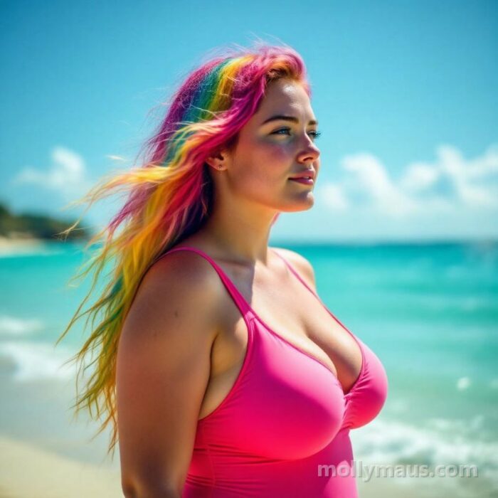 Curvy Frau mit bunten Haaren