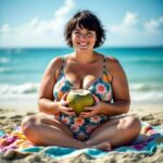 Curvy Frau im bunten Badeanzug